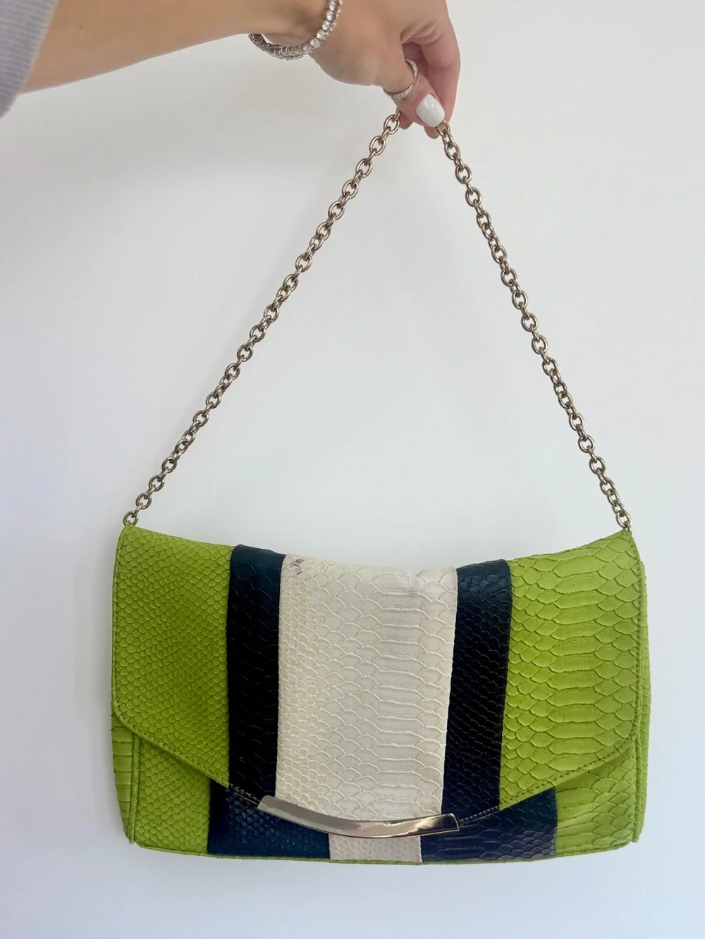 VINTAGE STRIPED SNAKE SKIN PYTHON Green color block contrast Shoulder Bag